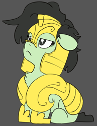 Size: 520x672 | Tagged: safe, artist:lockhe4rt, oc, oc only, oc:anon filly, pony, armor, chest fluff, cute, female, filly, floppy ears, gray background, helmet, ocbetes, royal guard, serious, serious face, simple background, sitting