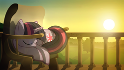 Size: 1920x1080 | Tagged: safe, artist:gign-3208, twilight sparkle, pony, unicorn, balcony, chair, evening, eyes closed, female, mare, scenery, sleeping, solo, sunset, tree, wallpaper