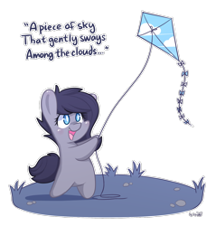 Size: 1760x1840 | Tagged: safe, artist:dsp2003, oc, oc only, oc:toffee mash, earth pony, pony, 2016, bipedal, blank flank, blushing, chibi, cute, female, haiku, kite, lifeloser-ish, ocbetes, open mouth, simple background, solo, style emulation, transparent background