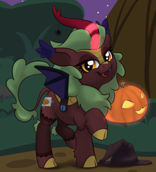 Size: 1671x1842 | Tagged: safe, artist:lockhe4rt, cinder glow, summer flare, kirin, spider, sounds of silence, background kirin, cloven hooves, cute, fake cutie mark, fake wings, fangs, female, fishnet stockings, glowing horn, halloween, hat, holiday, jack-o-lantern, levitation, looking at you, magic, night, open mouth, open smile, pumpkin, raised hoof, smiling, smiling at you, solo, telekinesis, witch hat
