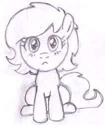 Size: 755x895 | Tagged: safe, artist:lockhe4rt, oc, oc only, oc:anon filly, earth pony, pony, female, filly, looking at you, monochrome, pencil drawing, sitting, solo, traditional art