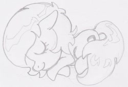 Size: 881x602 | Tagged: safe, artist:lockhe4rt, oc, oc only, oc:anon filly, earth pony, pony, eyes closed, female, filly, monochrome, pencil drawing, sleeping, smiling, solo, traditional art