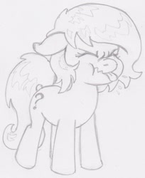 Size: 929x1139 | Tagged: safe, artist:lockhe4rt, oc, oc only, oc:anon filly, earth pony, pony, eyes closed, female, filly, monochrome, naughty, pencil drawing, pfft, scrunchy face, solo, tongue out, traditional art