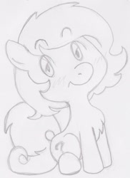 Size: 844x1160 | Tagged: safe, artist:lockhe4rt, oc, oc only, oc:anon filly, earth pony, pony, female, filly, looking at you, monochrome, pencil drawing, smiling, solo, traditional art