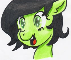 Size: 1596x1350 | Tagged: safe, artist:lockhe4rt, oc, oc only, oc:anon filly, bust, crayon drawing, female, filly, open mouth, simple background, smiling, solo, traditional art