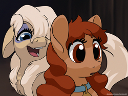 Size: 2000x1500 | Tagged: safe, artist:lockhe4rt, earth pony, pony, collar, disney, duo, duo female, female, lady, lady (lady and the tramp), lady and the tramp, mare, open mouth, peg, peg (lady and the tramp), ponified, scene interpretation, smiling