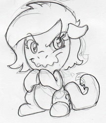 Size: 517x600 | Tagged: safe, artist:lockhe4rt, oc, oc only, oc:anon filly, earth pony, pony, female, filly, grinch face, monochrome, pencil drawing, plotting, sideways glance, sitting, solo, traditional art