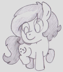 Size: 698x795 | Tagged: safe, artist:lockhe4rt, oc, oc only, oc:anon filly, earth pony, pony, :^), alternate cutie mark, female, filly, looking at cutie mark, monochrome, pencil drawing, smiley, solo, traditional art