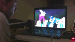 Size: 640x360 | Tagged: safe, artist:blackgryph0n, applejack, fluttershy, pinkie pie, rainbow dash, rarity, twilight sparkle, earth pony, human, pegasus, pony, unicorn, animated, blackgryph0n, computer, female, flailing, fourth wall, fourth wall destruction, gif, irl, irl human, laptop computer, mane six, mare, photo, pinkie being pinkie, pinkie physics, ponies in real life, scared, spooked
