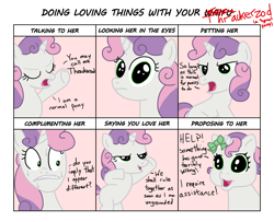 Size: 1600x1300 | Tagged: safe, artist:varemia, sweetie belle, pony, unicorn, mentally advanced series, g3.5, dialogue, doing loving things, female, filly, looking at you, meme, open mouth, rainbow dash presents, solo, sweat, thrackerzod