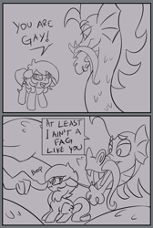 Size: 567x845 | Tagged: safe, artist:lockhe4rt, steven magnet, oc, oc:anon, oc:anon filly, earth pony, pony, boop, comic, facial hair, faggot, female, filly, monochrome, moustache, ponified, simple background, sketch, slur, smiling, vulgar