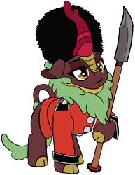 Size: 1072x1392 | Tagged: safe, artist:lockhe4rt, cinder glow, summer flare, kirin, british royal guard, clothes, cloven hooves, female, floppy ears, hat, holding, lidded eyes, simple background, solo, spear, transparent background, uniform, weapon