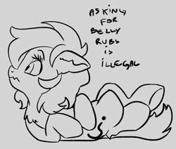 Size: 1148x973 | Tagged: safe, artist:lockhe4rt, oc, oc only, oc:anon filly, bellyrubs, chest fluff, dialogue, ear fluff, female, filly, leg fluff, lineart, looking back, lying down, question mark, simple background, text, wavy mouth, white background, wide eyes