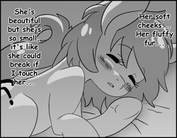Size: 1625x1265 | Tagged: safe, artist:lockhe4rt, oc, oc only, oc:anon filly, earth pony, pony, ..., bed, blushing, cute, dialogue, female, filly, grayscale, monochrome, ocbetes, sleeping, text