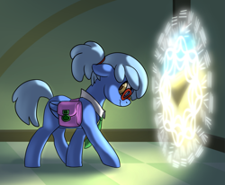 Size: 1778x1467 | Tagged: safe, artist:lockhe4rt, oc, oc:ivory drop, pony, arcanist, collar, cute, dungeons and dragons, hazel eyes, looking back, necktie, pathfinder, pen and paper rpg, ponyfinder, portal, rpg, saddle bag, scene, time traveller