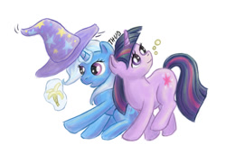 Size: 800x546 | Tagged: safe, artist:launchycat, trixie, twilight sparkle, unicorn twilight, pony, unicorn, banana, drunk, drunk twilight, female, mare, simple background, white background