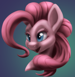 Size: 894x927 | Tagged: safe, artist:lockhe4rt, pinkie pie, earth pony, pony, bust, dark, female, gradient background, mare, portrait, smiling, solo, style emulation