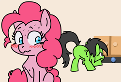 Size: 1765x1200 | Tagged: safe, artist:lockhe4rt, pinkie pie, oc, oc:anon filly, earth pony, pony, ball, blushing, butt, face down ass up, female, filly, looking back, nervous, plot, question mark, simple background, sitting, sweat