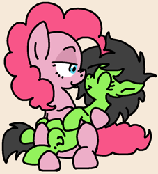 Size: 894x983 | Tagged: safe, artist:lockhe4rt, pinkie pie, oc, oc:anon filly, earth pony, pony, boop, female, filly, holding, holding a pony, lidded eyes, noseboop, question mark, simple background, sitting, smiling