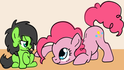 Size: 1280x720 | Tagged: safe, artist:lockhe4rt, pinkie pie, oc, oc:anon filly, earth pony, pony, annoyed, behaving like a cat, face down ass up, female, filly, raised hoof, simple background, sitting, smiling