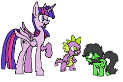 Size: 1014x672 | Tagged: safe, artist:lockhe4rt, spike, twilight sparkle, twilight sparkle (alicorn), oc, oc:anon filly, alicorn, dragon, earth pony, pony, angry, female, filly, pixel art, raised hoof, simple background, white background