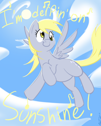 Size: 900x1125 | Tagged: safe, artist:no-ink, derpy hooves, pegasus, pony, female, flying, katrina and the waves, mare, singing, sky, solo, song reference, sun, walking on sunshine