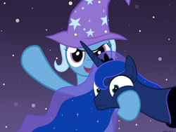 Size: 1437x1080 | Tagged: safe, artist:manateemckenzie, princess luna, trixie, alicorn, pony, unicorn, clothes, female, hat, mare, squishy cheeks, trixie's hat