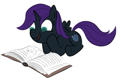 Size: 1127x723 | Tagged: artist needed, source needed, safe, oc, oc only, oc:nyx, alicorn, pony, alicorn oc, book, female, filly, prone, reading, simple background, smiling, solo, white background