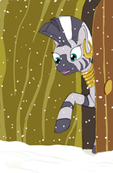 Size: 360x552 | Tagged: safe, artist:madhotaru, zecora, zebra, door, female, raised hoof, snow, snowfall, solo