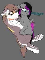 Size: 753x1000 | Tagged: safe, artist:cute, oc, oc:scarrly, bat pony, ???, dialogue, fangs, sitting on lap, size difference, underhoof