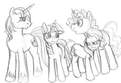 Size: 900x618 | Tagged: safe, artist:enigmaticfrustration, pokey pierce, shining armor, trixie, twilight sparkle, unicorn twilight, pony, unicorn, female, male, mare, monochrome, siblings, stallion