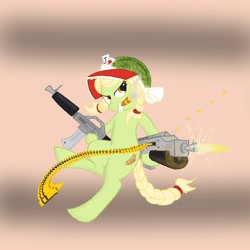 Size: 1024x1024 | Tagged: safe, artist:shadestars, granny smith, earth pony, pony, cigar, female, gradient background, gun, mare, solo, weapon, young