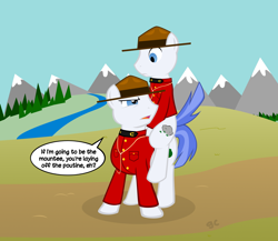 Size: 1500x1300 | Tagged: safe, artist:grilledcat, earth pony, pony, canada, canadian, eh, male, mountie, ponies riding ponies, pun, royal canadian mounted police, stallion, stereotype