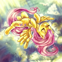 Size: 1500x1500 | Tagged: safe, artist:buttercupsaiyan, fluttershy, pegasus, pony, chest fluff, eyes closed, female, flying, mare, on back, sky, smiling, solo, spread wings, wings