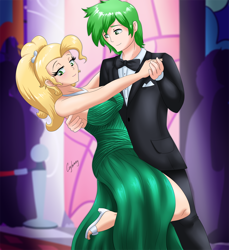Size: 900x984 | Tagged: safe, artist:thebrokencog, applejack, spike, human, alternate hairstyle, applejewel, applespike, bare shoulders, clothes, dancing, dress, grand galloping gala, green dress, high heels, humanized, male, older, older spike, sandals, shipping, sleeveless, straight, strapless