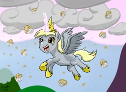 Size: 1754x1276 | Tagged: safe, artist:osakaoji, derpy hooves, alicorn, pony, alicornified, cloud, cloudy, derpicorn, female, flying, magic, mare, muffin, muffin queen, princess, race swap, solo