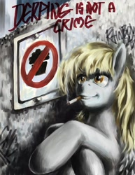 Size: 696x900 | Tagged: safe, artist:balthasar999, derpy hooves, pegasus, pony, cigarette, derpygate, female, mare, sign, smoking