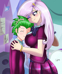 Size: 900x1077 | Tagged: safe, artist:thebrokencog, fleur-de-lis, spike, equestria girls, boob smothering, breasts, clothes, commission, crack shipping, crystal prep academy uniform, crystal prep shadowbolts, cute, equestria girls-ified, eyes closed, fanfic art, female, fleur-de-seins, fleur-de-spike, human coloration, male, pleated skirt, school uniform, secret admirer, shipping, skirt, smothering, straight