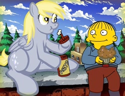 Size: 800x618 | Tagged: safe, artist:balthasar999, derpy hooves, pegasus, pony, crossover, female, glue, mare, muffin, paste, ralph wiggum, tasting, the simpsons