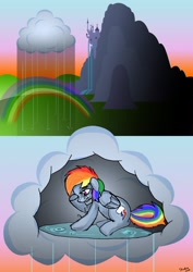 Size: 3508x4961 | Tagged: safe, artist:skunkiss, rainbow dash, pegasus, pony, absurd resolution, canterlot, cloud, crying, female, hindsight, mare, sad