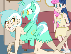 Size: 1024x768 | Tagged: safe, artist:thelivingmachine02, bon bon, lyra heartstrings, sweetie drops, human, pony, unicorn, barefoot, clothes, concerned, cute, dress, feet, female, human ponidox, humanized, lyra doing lyra things, mare, no pupils, ponies riding humans, riding, riding human, self ponidox, skinny