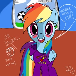 Size: 1000x1000 | Tagged: safe, artist:icebreak23, rainbow dash, pegasus, pony, blushing, clothes, female, happy, looking at you, mare