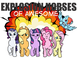 Size: 1187x900 | Tagged: safe, artist:rydelfox, applejack, fluttershy, pinkie pie, rainbow dash, rarity, twilight sparkle, earth pony, pegasus, pony, unicorn, cool guys don't look at explosions, explosion, female, mane six, mare