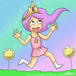 Size: 800x800 | Tagged: safe, artist:johnjoseco, princess celestia, human, awesome face, female, flower, humanized, pink-mane celestia, princess, running, solo