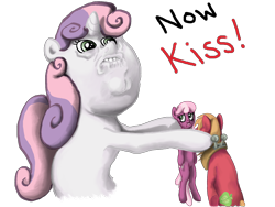 Size: 1600x1200 | Tagged: safe, artist:myminiatureequine, big macintosh, cheerilee, sweetie belle, earth pony, pony, unicorn, cheerimac, female, filly, male, mare, now kiss, shipper on deck, shipping, simple background, stallion, straight, sweetie the shipper, transparent background, uncanny valley, wat