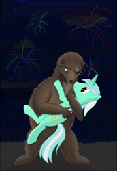 Size: 412x600 | Tagged: safe, artist:widsithgrey, lyra heartstrings, pony, unicorn, crack shipping, eyepatch, female, fireworks, hug, krastos the gluemaker, male, mare, night, shipping, smiling, straight