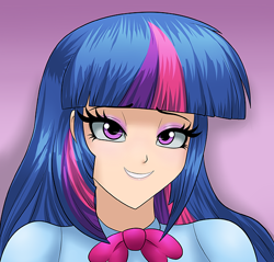 Size: 600x573 | Tagged: safe, artist:thebrokencog, twilight sparkle, equestria girls, bedroom eyes, bust, clothes, female, grin, human coloration, icon, portrait, smiling, solo