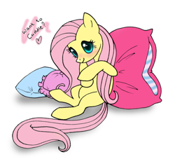 Size: 600x545 | Tagged: safe, artist:sugarcup, fluttershy, pegasus, pony, blushing, bronybait, dialogue, female, heart, leaning back, mare, pillow, simple background, sitting, smiling, solo, white background