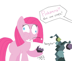 Size: 1750x1500 | Tagged: dead source, safe, artist:gamebuddy123, pinkie pie, earth pony, pony, derp, dialogue, eating, female, filly, hoof hold, pica, pinkamena diane pie, rock, signature, simple background, smiling, this will end in pain, tooth, wat, white background, younger