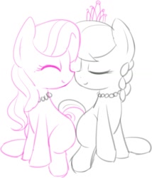 Size: 1176x1375 | Tagged: safe, artist:mactavish1996, artist:mcsadat, diamond tiara, silver spoon, earth pony, pony, accessory, accessory swap, boop, butt to butt, butt touch, cute, diamondbetes, eyes closed, female, filly, jewelry, limited palette, missing accessory, necklace, nose to nose, noseboop, nuzzling, partial color, pearl necklace, silverbetes, simple background, sitting, sketch, smiling, tiara, white background